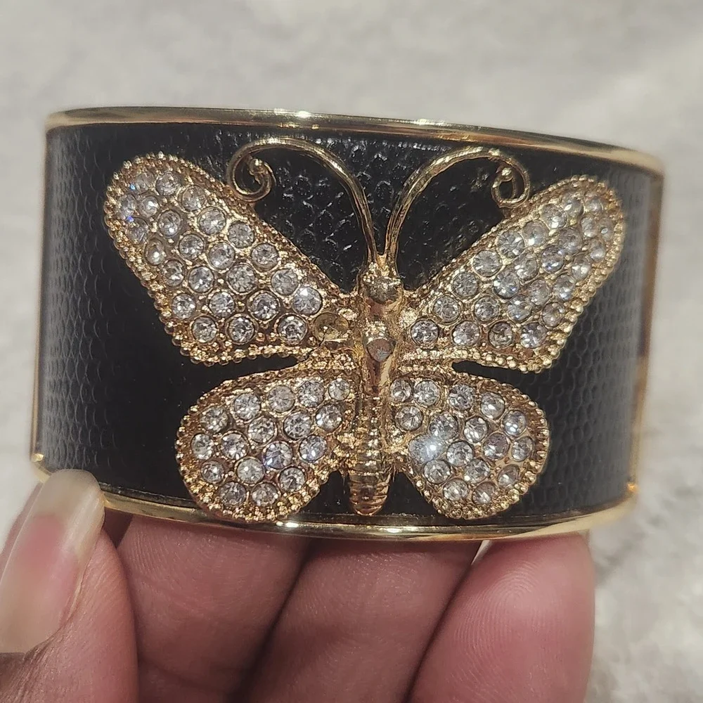 Gold Tone Rhinestone‎ Butterfly Black Faux Leather Inlay Hinge Cuff Bracelet